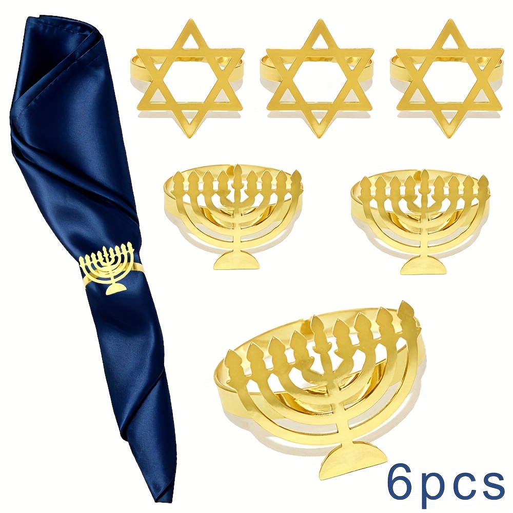 Tables - 6Pcs Hanukkah Menorah Napkin Rings Gold