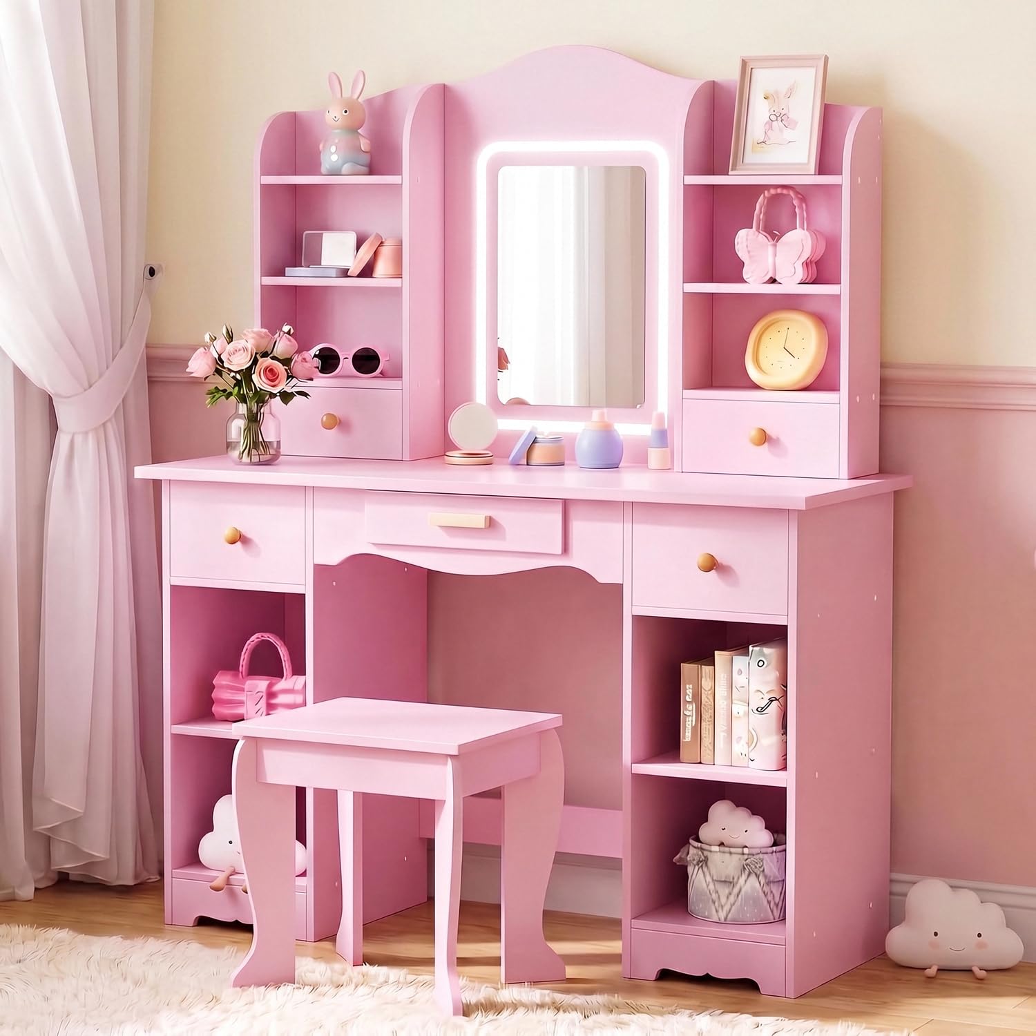 Dressing Table Vanity With Lighted Mirror - Kids Vanity with 3-Color Lights,Large Storage,Mirror,Stool