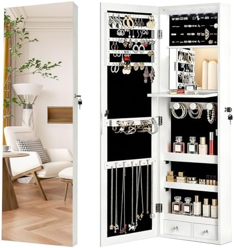 Full Length Mirror Jewelry Armoire - Lockable Jewelry Cabinet Organizer with Full