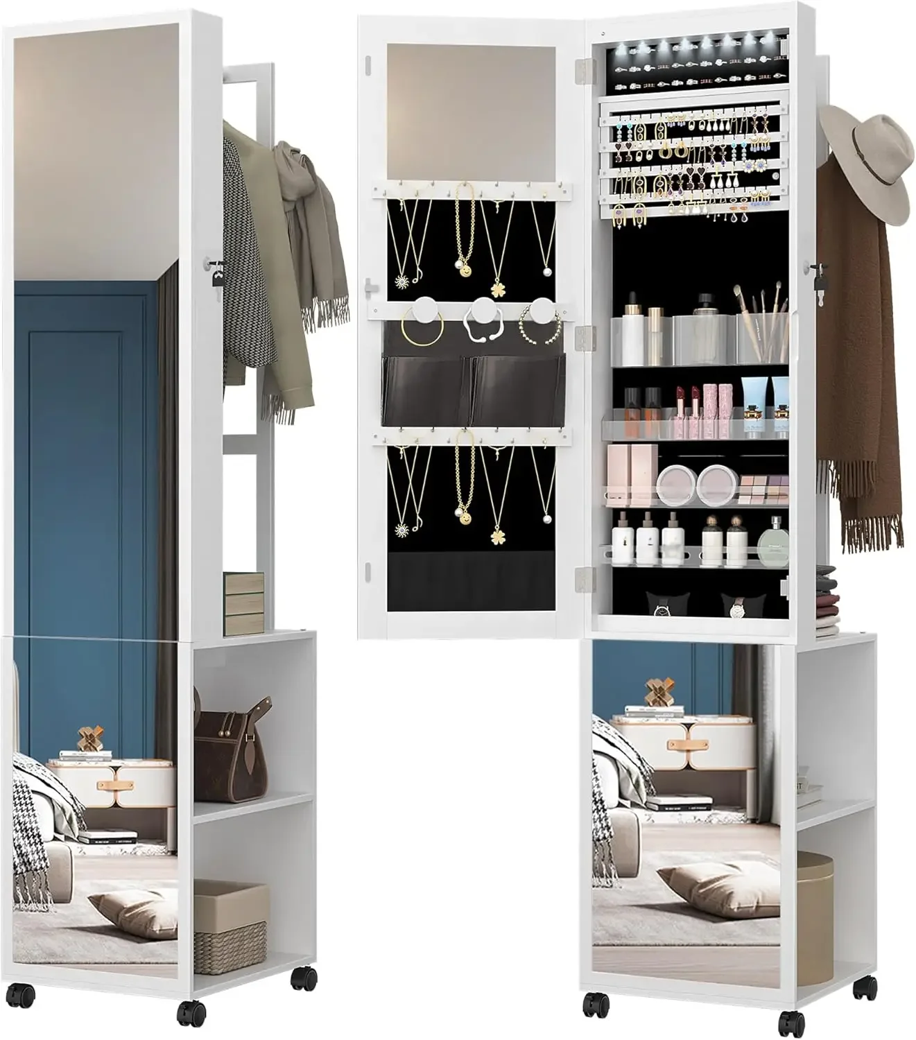 Full Length Mirror Jewelry Armoire - 8 LEDs Jewelry Cabinet Armoire, 66.9-inch