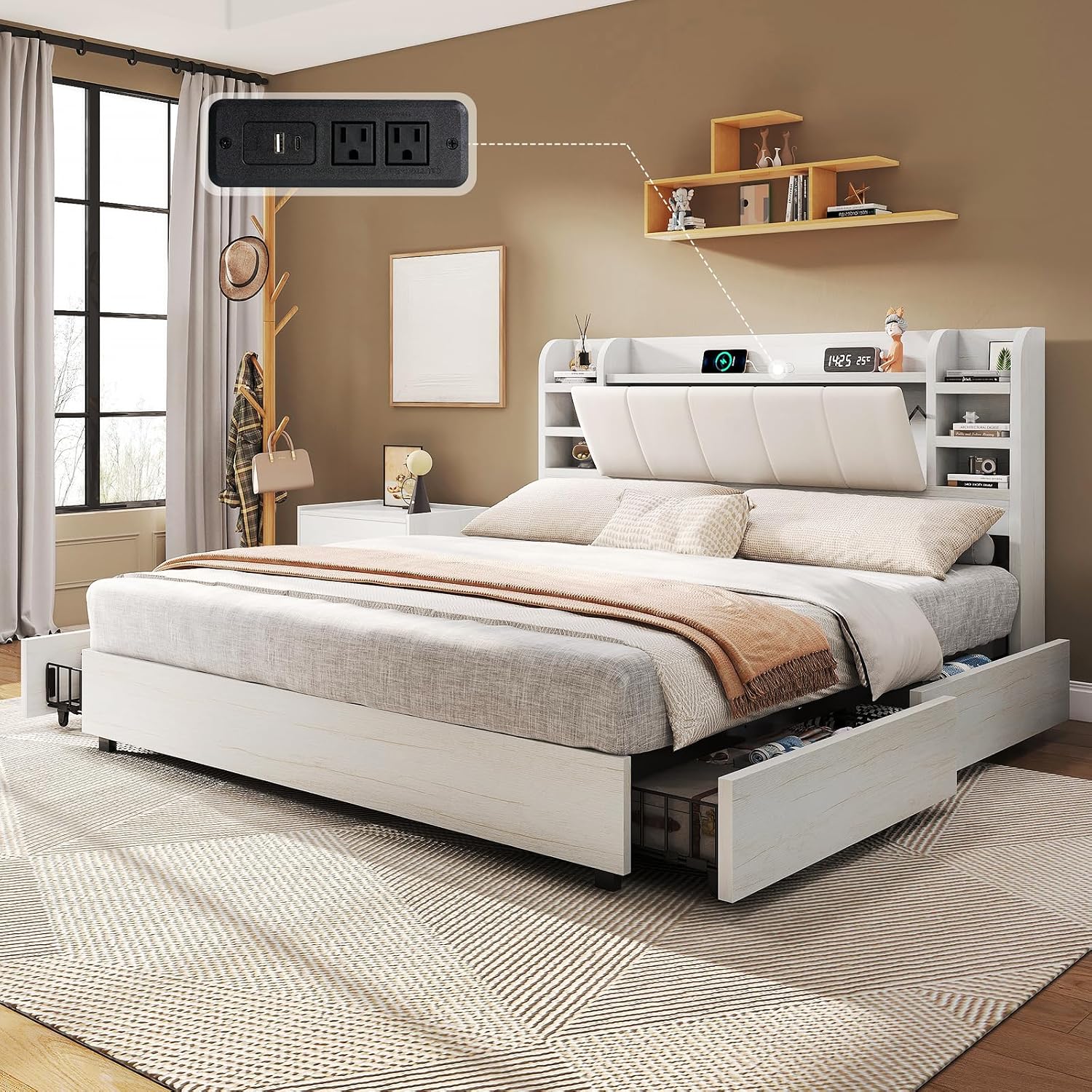 King Size Bed Frame With Storage Drawers - King Size Upholstered Platform Bed with