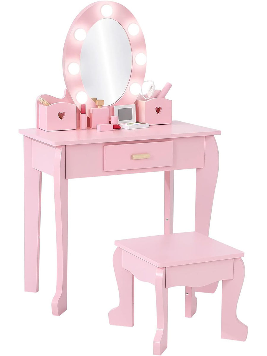 Dressing Table Vanity With Lighted Mirror - Kids Dressing Table and Stool Set