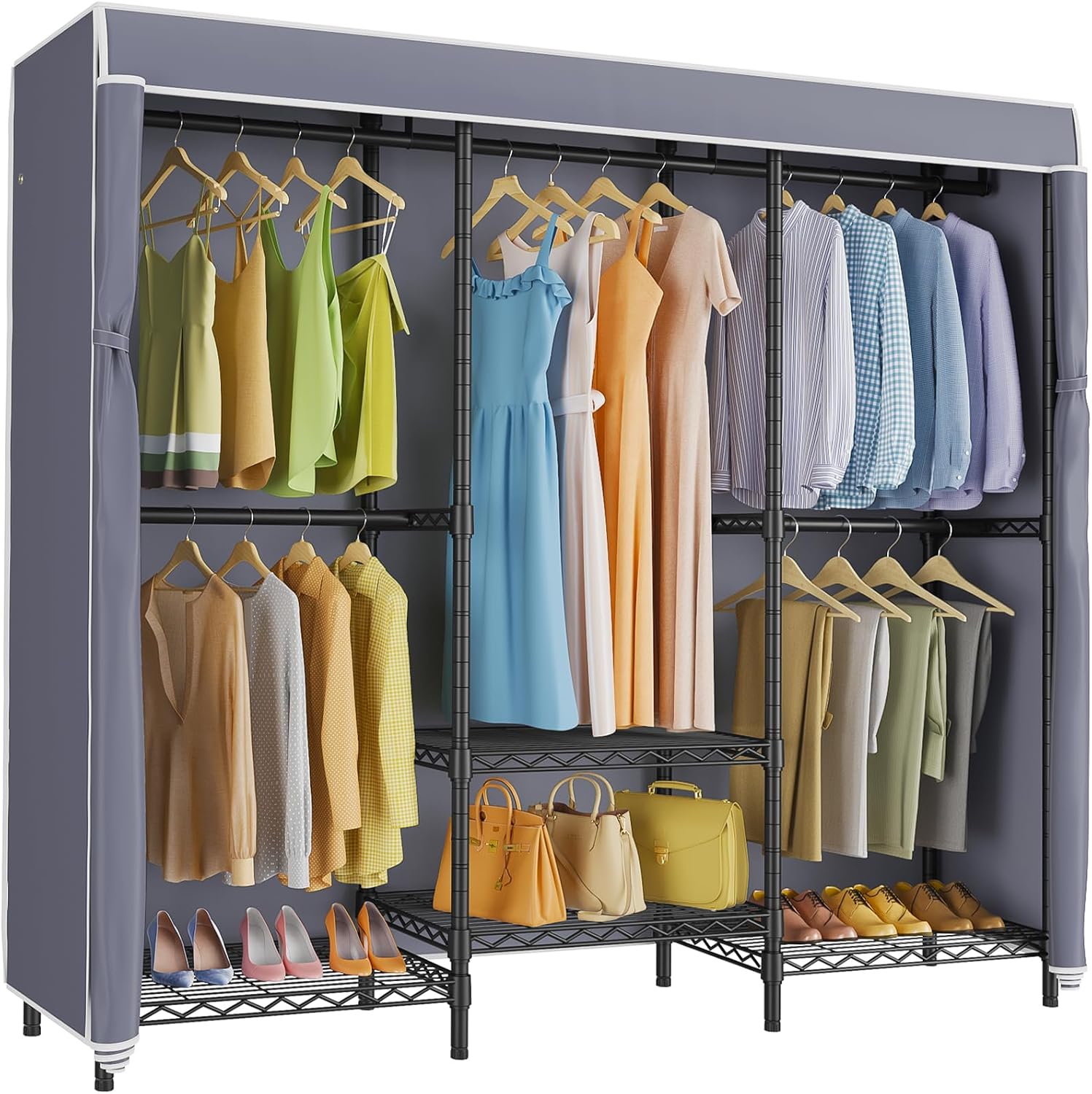 Wardrobe Closet Portable Fabric Cover - Covered Garment Rack with Adjustable Shelves,