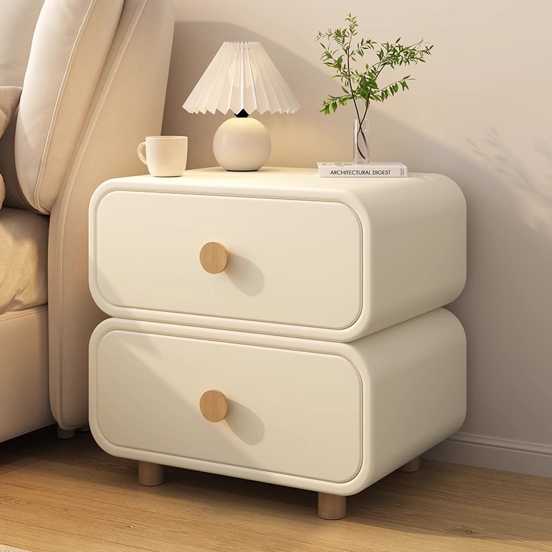 Solid Wood Nightstand 2 Drawers - Minimalist Cream Bedside Cabinet Rounded Edge