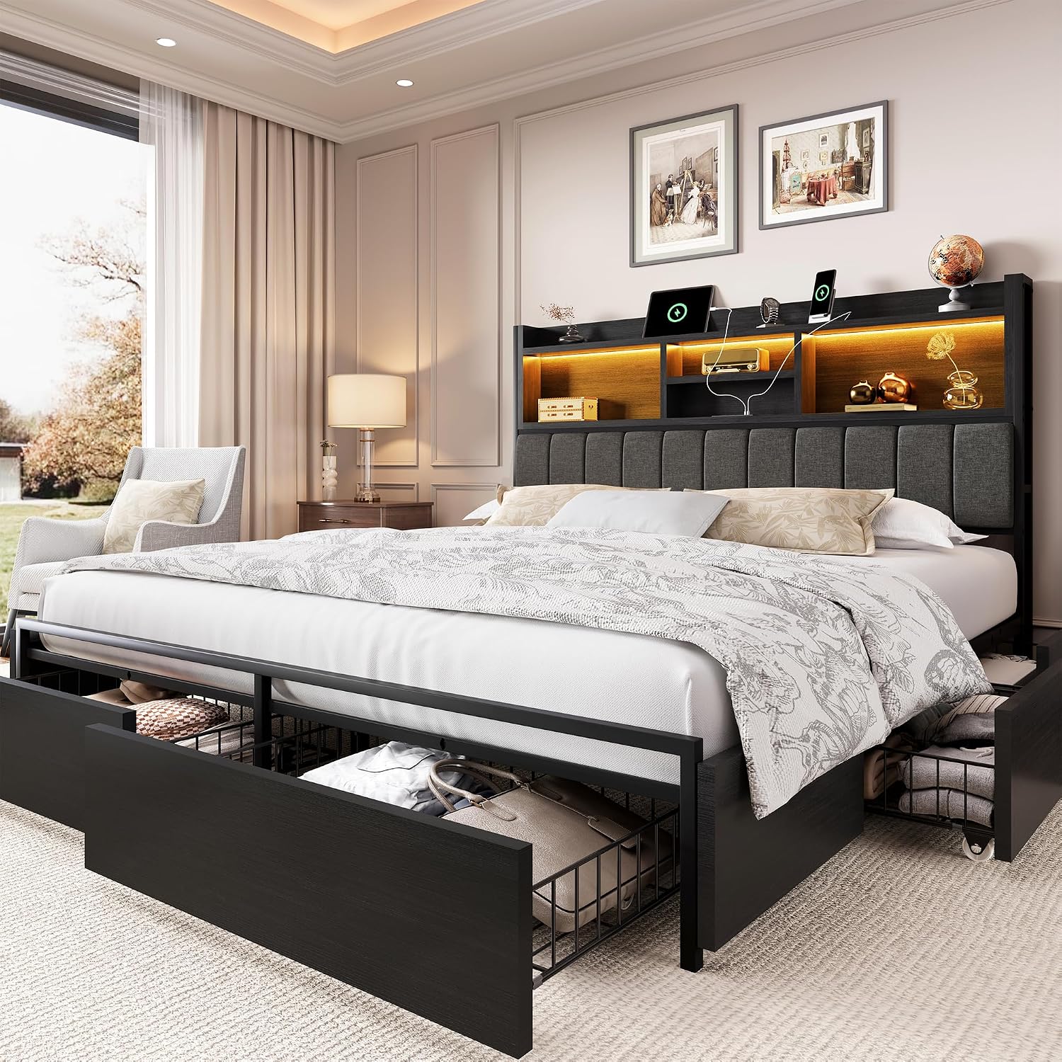 King Size Bed Frame With Storage Drawers - King Bed Frame with 6 Storage