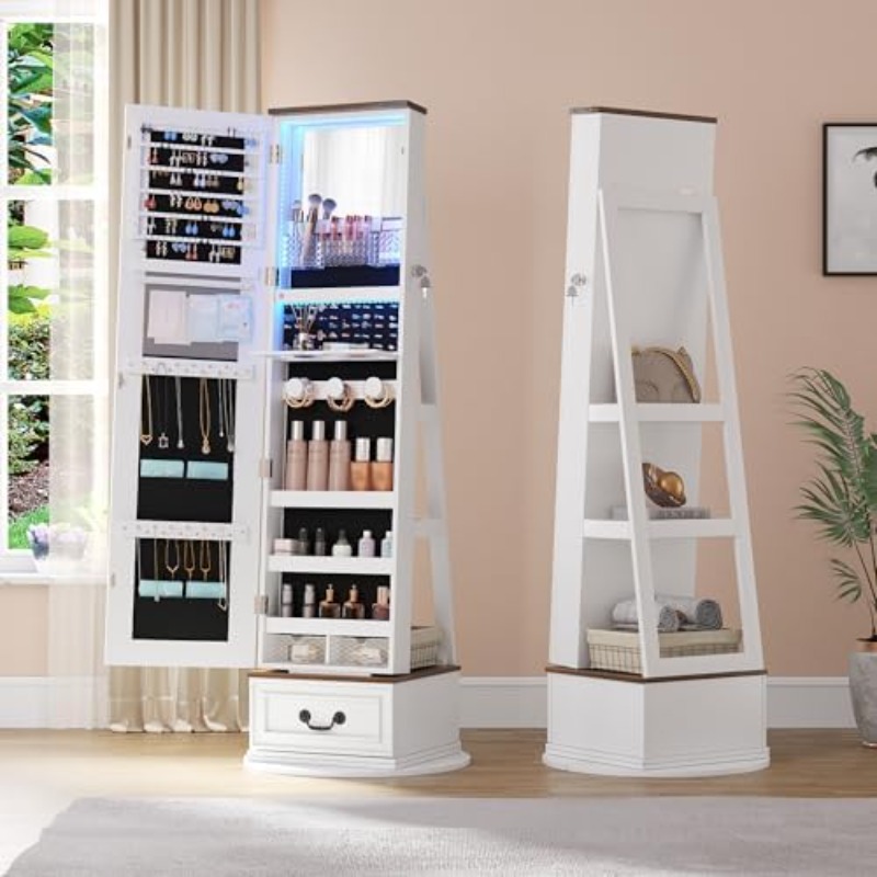 Full Length Mirror Jewelry Armoire - 360°Swivel Jewelry Armoire Cabinet with Full