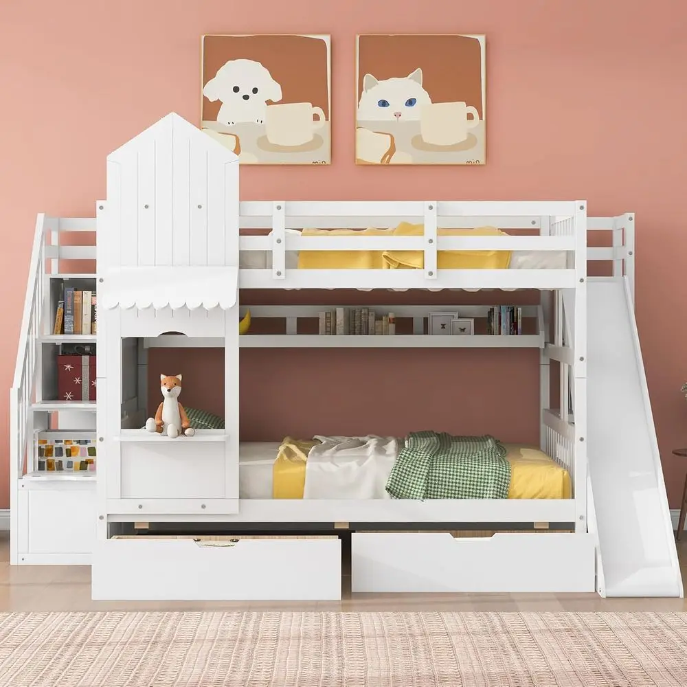 Bunk Bed With Stairs And Slide - White Kids Bunk Bed with Slide