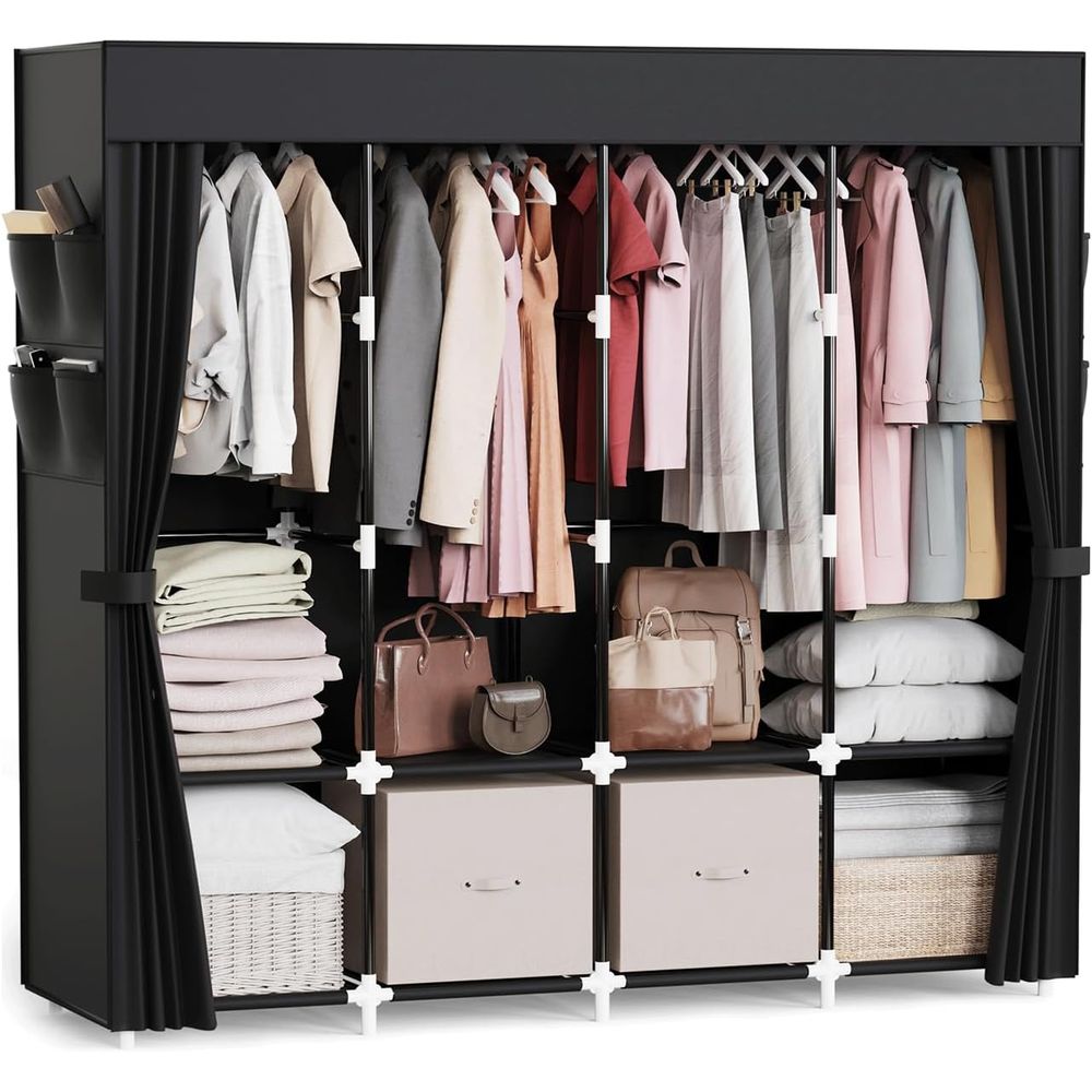 Wardrobe Closet Portable Fabric Cover - Clothes Organizer with 4 Hanging Rods,