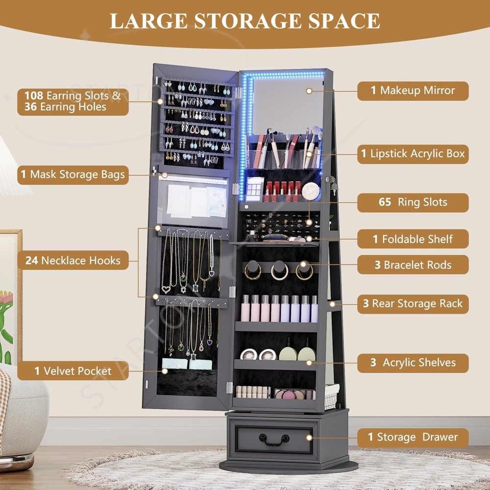 Full Length Mirror Jewelry Armoire - Mirror Jewelry Cabinet Standing, 360° Swivel