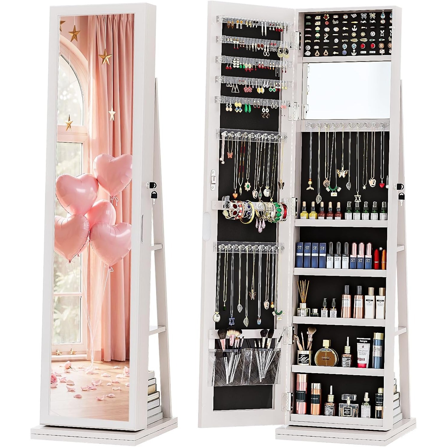 Full Length Mirror Jewelry Armoire - 4-In-1 Jewelry Cabinet Jewelry Armoire Lockable