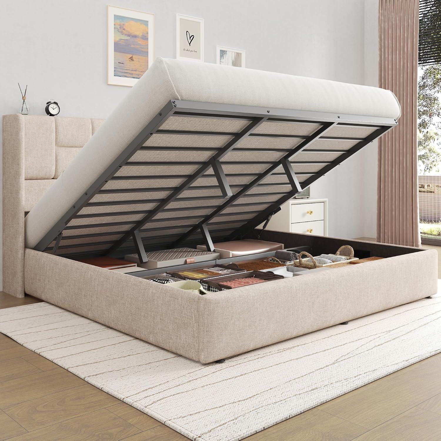 Linen Upholstered King Bed Fra - Gas Lift Storage Bed Hydraulic review and price