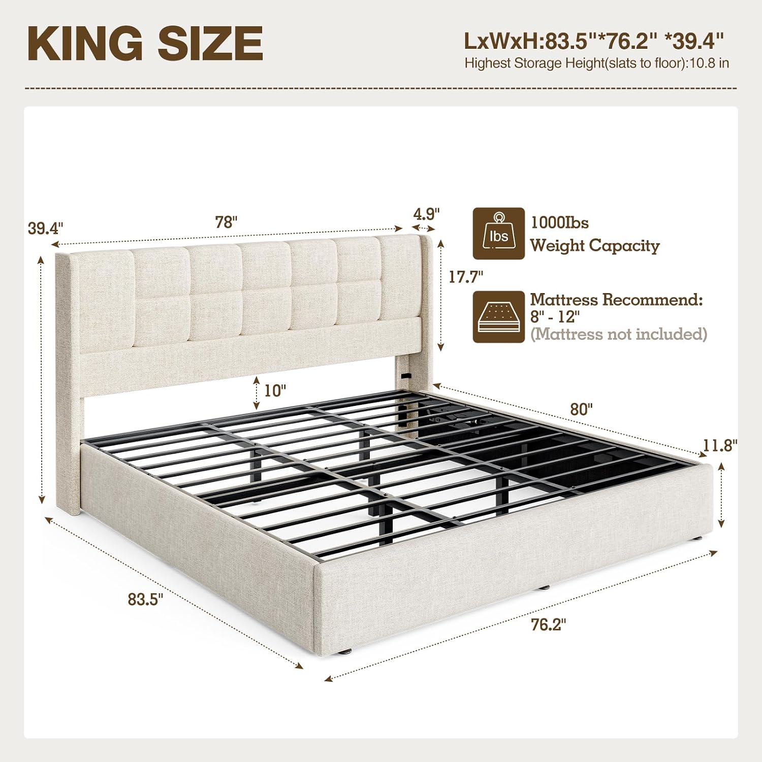 Linen Upholstered King Bed Fra - Gas Lift Storage Bed Hydraulic review and price