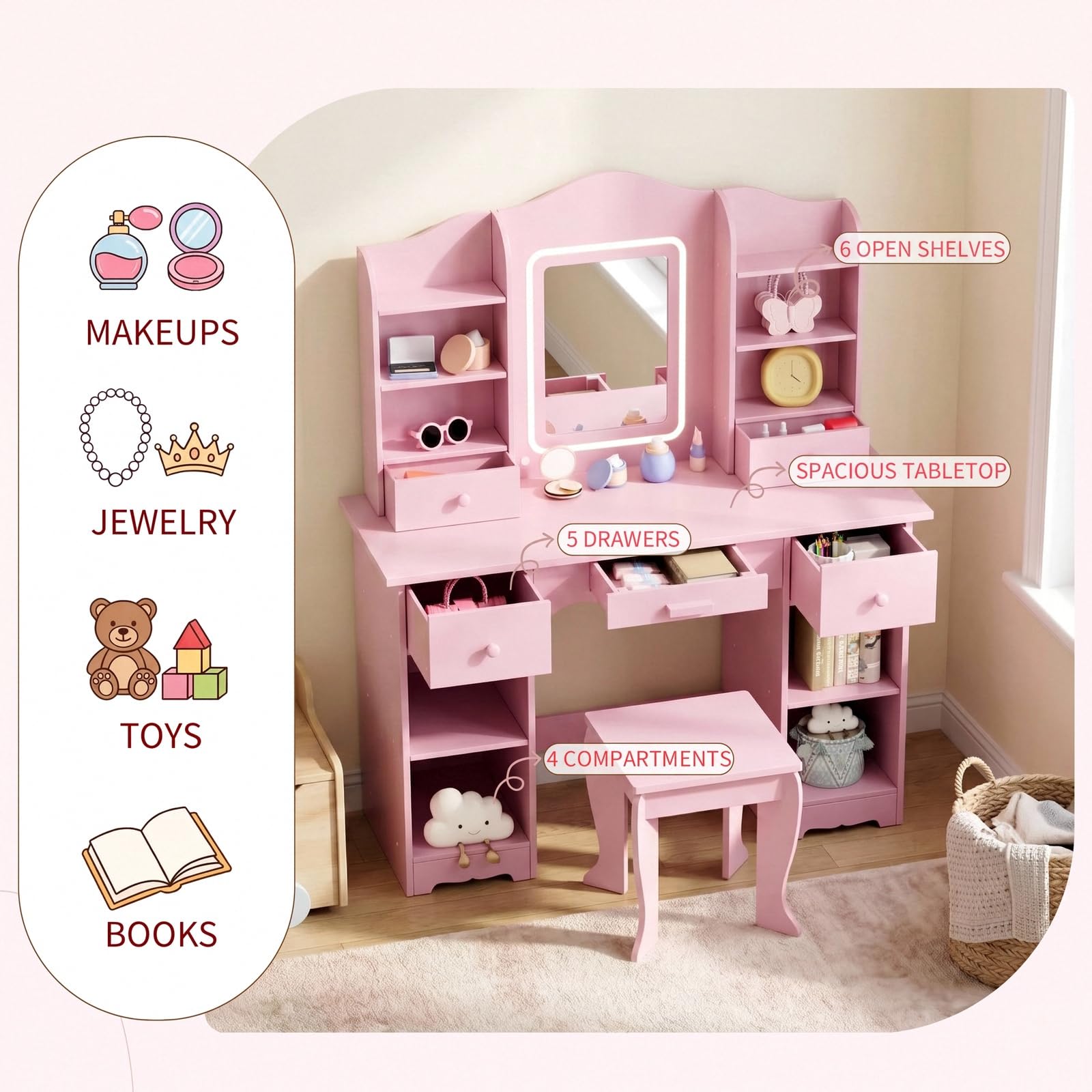 Kids Vanity with 3-Color Light - Dressing Table Vanity With Lighted Mirror review and price