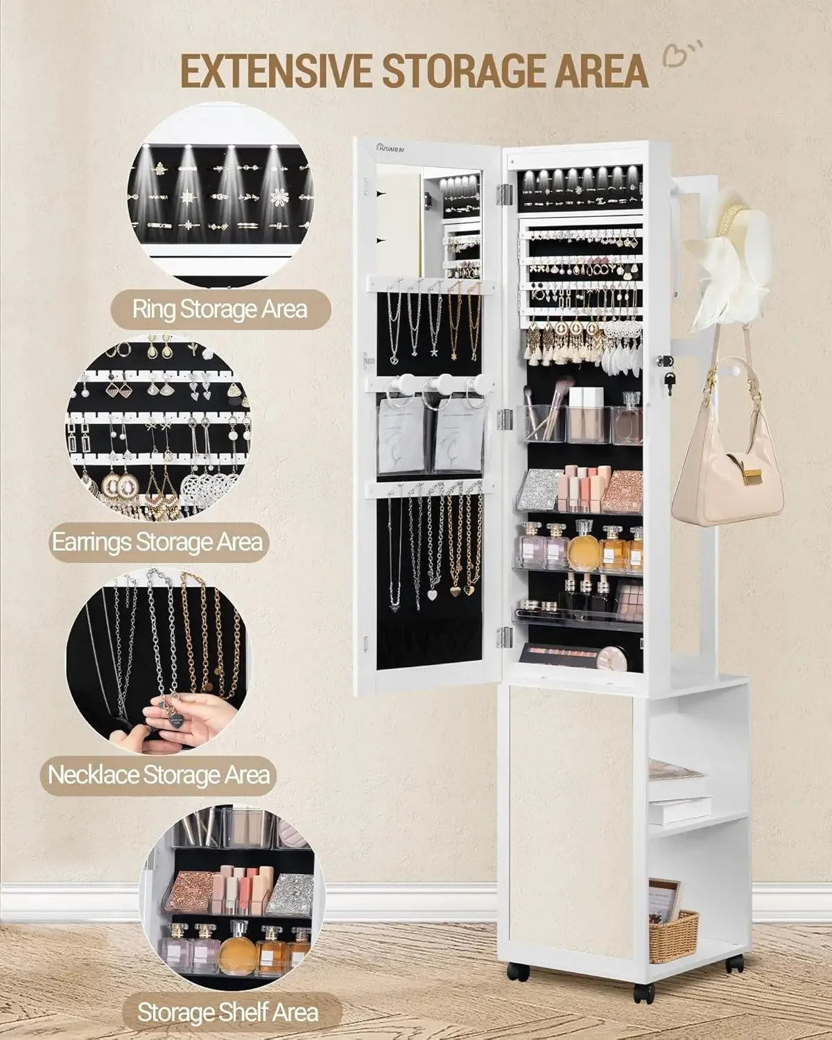 8 LEDs Jewelry Cabinet Armoire - Full Length Mirror Jewelry Armoire review and price