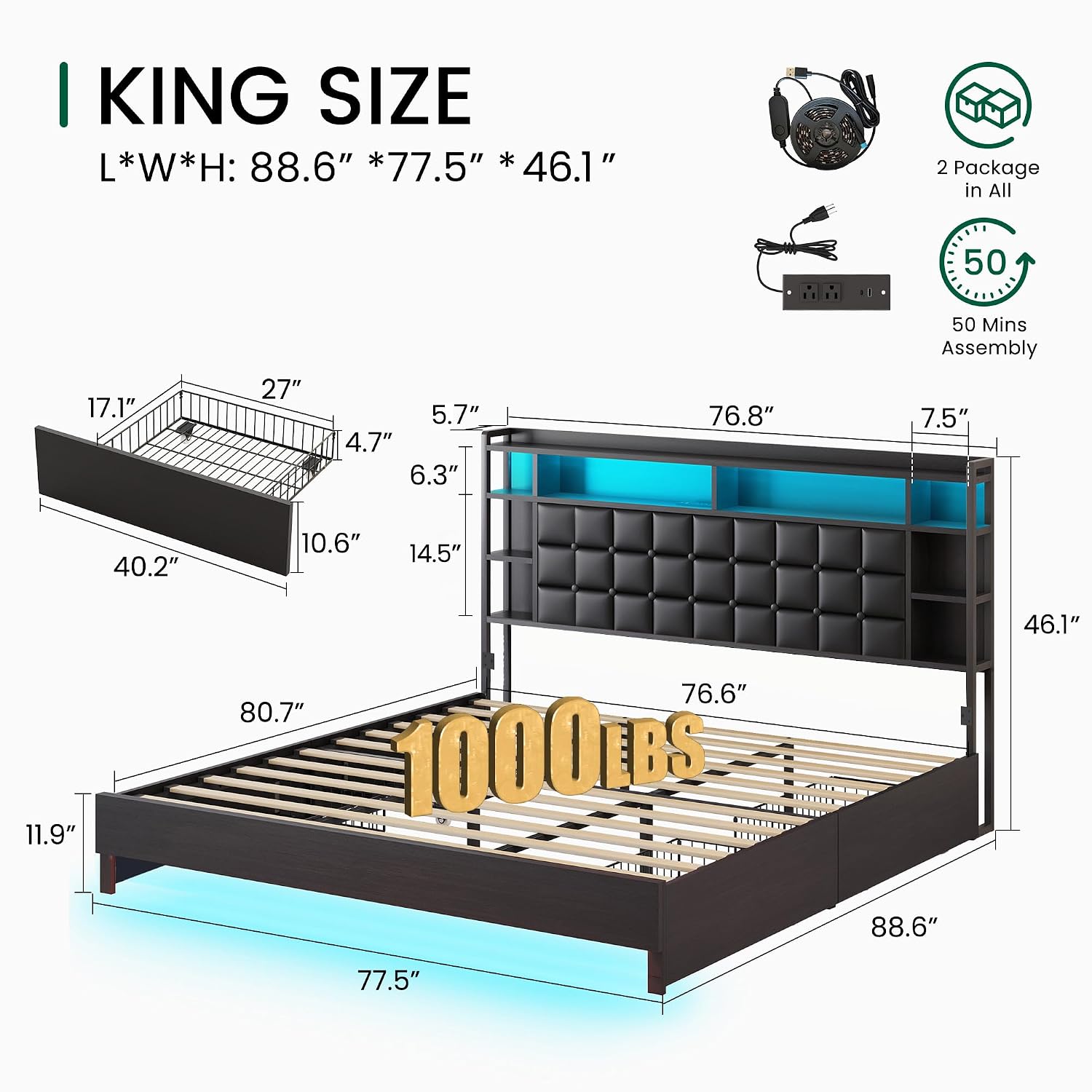 King Size Wooden Bed Frame wit - King Size Bed Frame With Storage Drawers review and price
