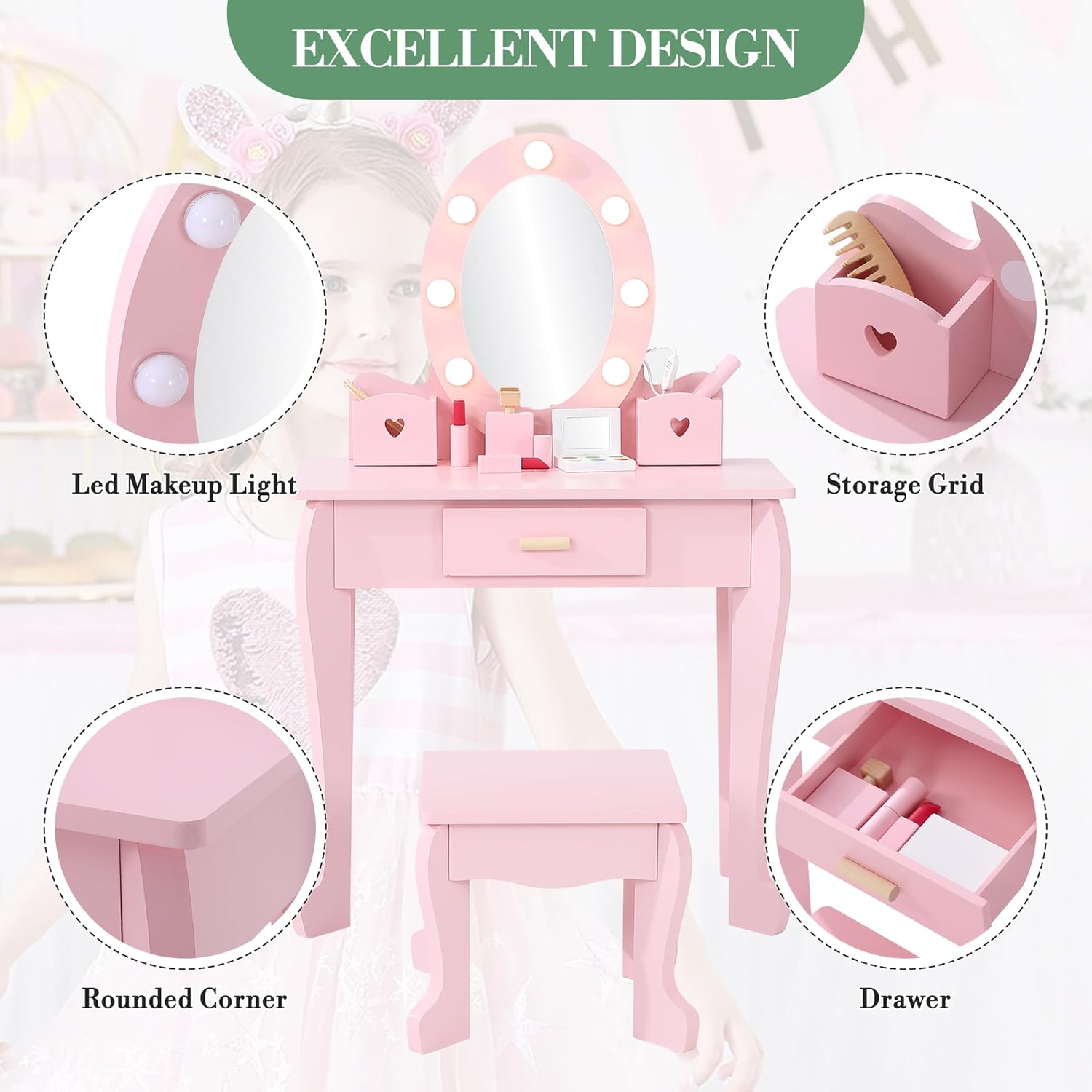 Kids Dressing Table and Stool  - Dressing Table Vanity With Lighted Mirror review and price