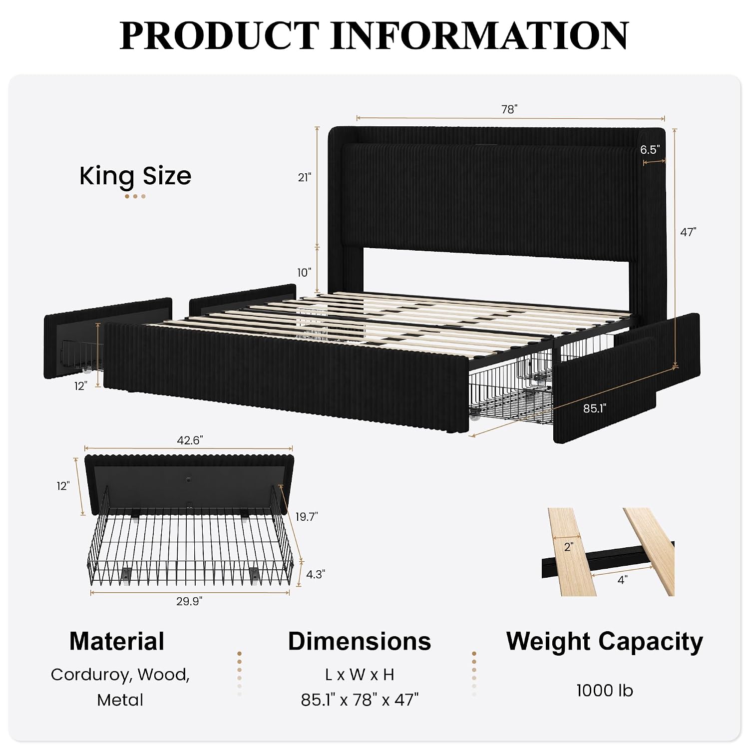 King Size Bed Frame with 4 Ove - King Size Bed Frame With Storage Drawers review and price