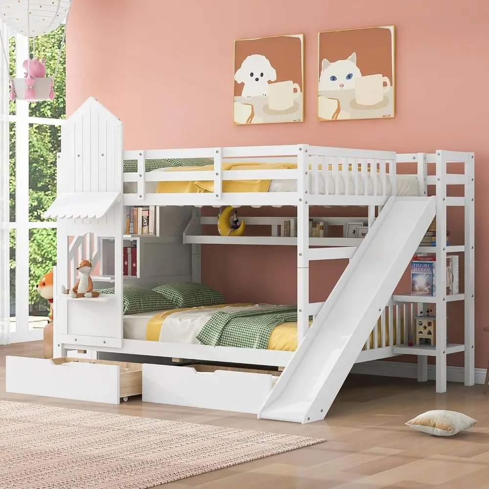 White Kids Bunk Bed with Slide - Bunk Bed With Stairs And Slide review and price