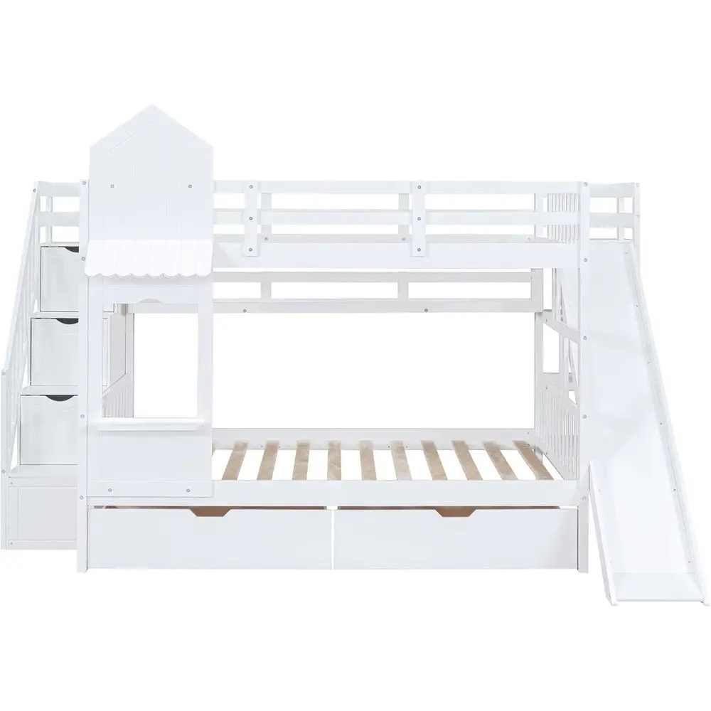 White Kids Bunk Bed with Slide - Bunk Bed With Stairs And Slide review and price